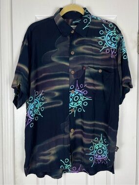 Mad Gringo Men’s Tropical Dyed Geo Print Button Up Island Camp Shirt 100% Rayon